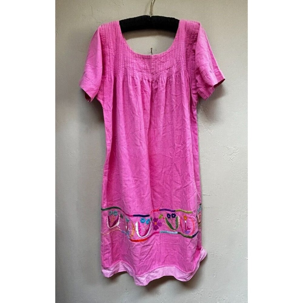 Luz Women's Pink Short Sleeve Mexican Embroidered Dress Size Medium 100% Cotton